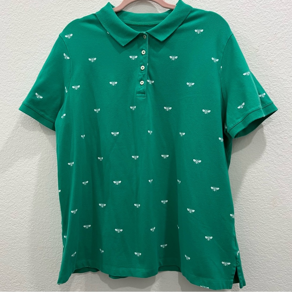 Lands’ End Women’s 1X Green Polo Knit Short Sleeve Shirt with White Bees